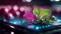 Vibrant pink and green leaves with water drops on dark surface against blurred bokeh background, creating magical macro nature photography effect.