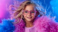 Young blonde girl wearing pink glasses and fluffy pink feather boa smiling with windblown hair against vibrant pink and blue gradient background, expressing joy and confidence.