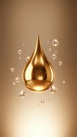 Golden oil drop with floating bubbles on warm beige gradient background for luxury skincare and cosmetic product advertising campaigns.