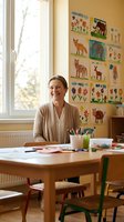 Happy female teacher smiling in colorful classroom with children artwork on wall, educational environment for learning and creativity.
