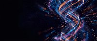 Digital DNA double helix structure with glowing particles and light trails on dark background for biotechnology and genetic research presentations.