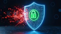 Cybersecurity shield with green padlock protecting against red cyber attack fragments on dark digital background for technology security concepts.