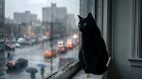 Black cat sitting on windowsill looking out at rainy city street with blurred urban traffic lights and buildings in background, pet watching weather.