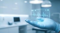 Gloved hand holding a glowing holographic ECG heart rate monitor screen in a modern medical clinic environment.