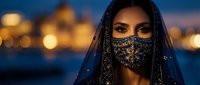 Young Middle Eastern woman wearing ornate golden embroidered face veil and headscarf against blurred city lights at dusk for cultural fashion and beauty concepts.