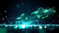 Futuristic cityscape with glowing green aurora waves flowing above urban skyline, illuminated by ethereal lights reflecting on water surface at night.