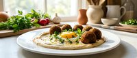 Mediterranean falafel plate with creamy hummus and fresh herbs on white dish in bright kitchen setting for healthy Middle Eastern cuisine.