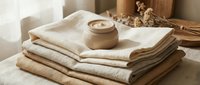 Spa wellness setup with folded towels, cream jar and natural decorative elements in warm beige tones for relaxation and self-care routines.