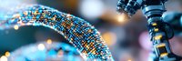 Microscopic view of DNA double helix structure with glowing blue particles and bokeh effect, showing genetic research and biotechnology advancement in science laboratory.