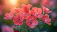 Delicate coral pink geranium flowers in full bloom against soft blurred background, showcasing vibrant petals and natural garden setting in warm evening light.