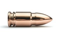 Shiny copper bullet with metallic rose gold finish isolated on white background, perfect for ammunition, security, and military design projects.