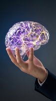 Businessman hand holding glowing transparent brain with purple neural networks representing artificial intelligence and innovation concepts.