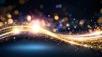 Magical glowing wave with sparkling golden particles and bokeh lights on dark blue background creates festive atmosphere for holiday designs.