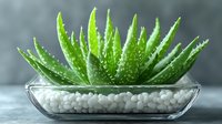 Fresh green aloe vera plant growing in glass pot with white decorative stones on gray background, natural skincare and wellness concept.