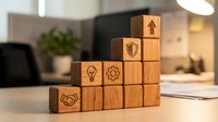 Wooden blocks stacked in pyramid formation with business icons including lightbulb, gear, handshake, and shield, representing growth strategy and corporate success on office desk.