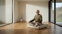 Senior man meditating in lotus position on cushion in modern minimalist room with large windows and natural light creating peaceful zen atmosphere.