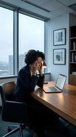 Stressed African American businesswoman with headache working on laptop in modern office with city view during workday.