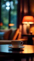 White coffee cup on wooden table in cozy cafe interior with warm lamp lighting and blurred bokeh background, creating atmospheric evening ambiance.