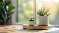 Succulent plants in white ceramic pots on wooden tray by window with soft natural light and blurred garden background, modern minimalist home decor styling.