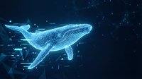 Digital holographic whale floating in cyber space with glowing blue wireframe design and particle effects on dark background for technology concepts.