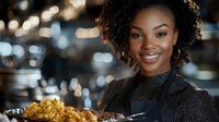 Young African American woman chef smiling while presenting gourmet pasta dish in upscale restaurant kitchen with warm bokeh lighting background.