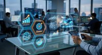 Business professional analyzing digital data analytics dashboard with holographic interface displaying growth charts and global network icons in modern office.