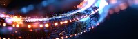 Abstract digital technology background with glowing blue and orange light particles forming curved lines on dark backdrop.