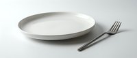 Empty white ceramic plate with a silver fork on a clean white background, minimalist dining concept for food and restaurant design.