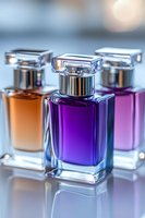 Elegant glass perfume bottles in purple, orange and pink colors with silver caps on reflective surface. Luxury fragrance concept with soft bokeh background.