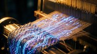 Quantum computing processor with glowing circuit patterns and golden connectors showcasing advanced technology and futuristic electronics for tech presentations.
