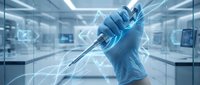 Medical professional hand in blue glove holding surgical scalpel in modern operating room with digital interface overlay for healthcare technology.
