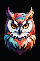 Colorful geometric owl head illustration with vibrant gradient colors on black background. Perfect for modern t-shirt prints, logos, tattoo designs and merchandise branding.