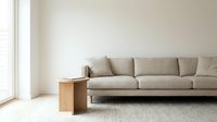 Minimalist living room with beige linen sofa and wooden side table on neutral rug, soft natural light, modern Scandinavian interior design.