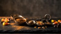 Cocoa powder in vintage copper measuring spoons with chocolate truffles and nuts on dark wooden surface for baking and confectionery preparation.