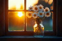 Fresh white daisies in glass mason jar on wooden windowsill at sunset, golden sunlight streaming through window panes creating warm atmospheric mood.