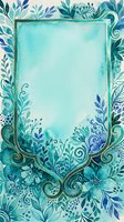 Turquoise watercolor frame with ornate botanical foliage border and gold decorative scrolls, isolated on white background for invitations, cards, posters, and design projects.