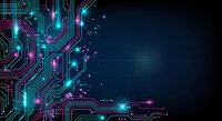 Futuristic circuit board with glowing neon lines and digital particles on dark blue background for technology and innovation concepts.