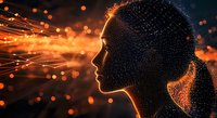 Digital profile silhouette of woman with glowing orange particles and light trails creating futuristic network effect against dark background. Concept of artificial intelligence.