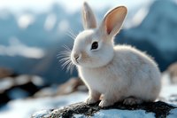 White baby rabbit sitting on rock against blurred mountain landscape background, soft fur catching sunlight, alert ears and gentle expression create peaceful nature scene.