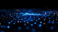 Glowing blue network connections on dark background with bokeh light effects illustrate digital transformation and global connectivity concept.
