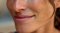 Close-up of woman's smile with natural pink lips and smooth skin, showing subtle laugh lines and a strand of hair against blurred background.