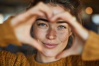 Young woman with freckles and blue eyes making heart shape with hands while wearing orange sweater. Warm toned portrait captures genuine smile.