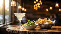 Cocktail with fresh lime and mint served alongside crispy tortilla chips and guacamole on wooden table in upscale bar setting with warm ambient lighting.