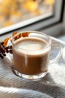 Hot chocolate with creamy foam in glass mug on knitted surface, natural window lighting, autumn mood with dried berries decoration.