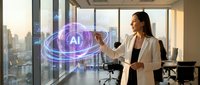 Professional businesswoman interacting with holographic AI interface in modern office overlooking city skyline during golden hour lighting.