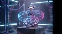 Futuristic humanoid cat character meditating with glowing geometric hologram in cyberpunk sci-fi environment with neon lights and advanced technology setting.