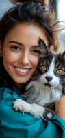 Young woman with radiant smile holding black and white cat. Close-up portrait showing genuine joy and connection between pet owner and feline companion in turquoise attire.
