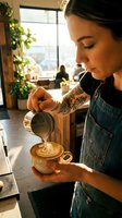 Young tattooed female barista creating latte art in cozy coffee shop with natural lighting and plants in background for hospitality business concepts.