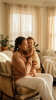 Happy African American mother holding laughing toddler daughter on living room sofa in warm sunlight creating joyful family bonding moment at home.