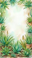 Watercolor aloe vera and succulent plants frame border with copy space, green botanical garden illustration for cards and posters.